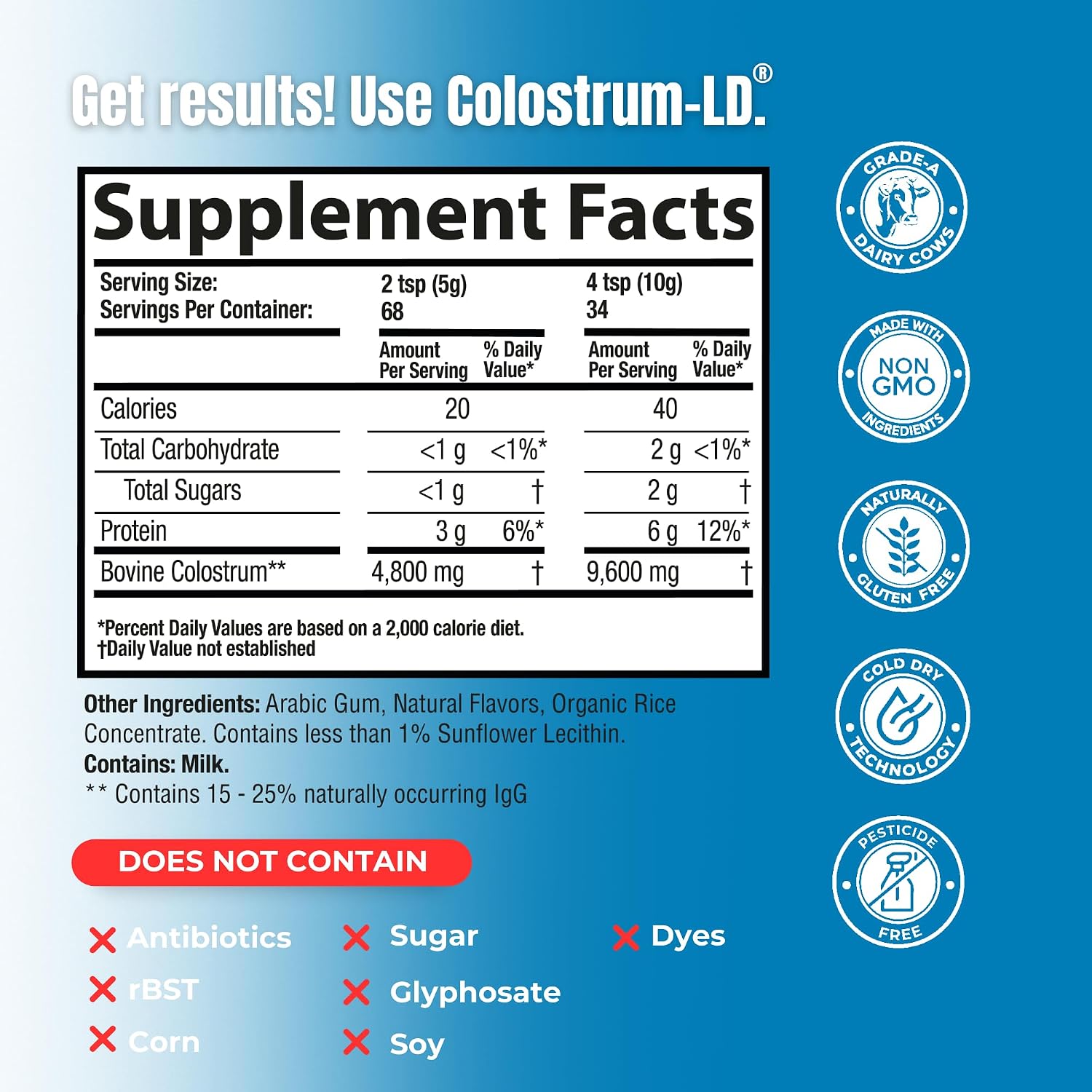 Colostrum-LD Powder | Sin Sabor | Entrega Liposomal, Máxima Absorción | 340 g (12 oz) - 68 Porciones