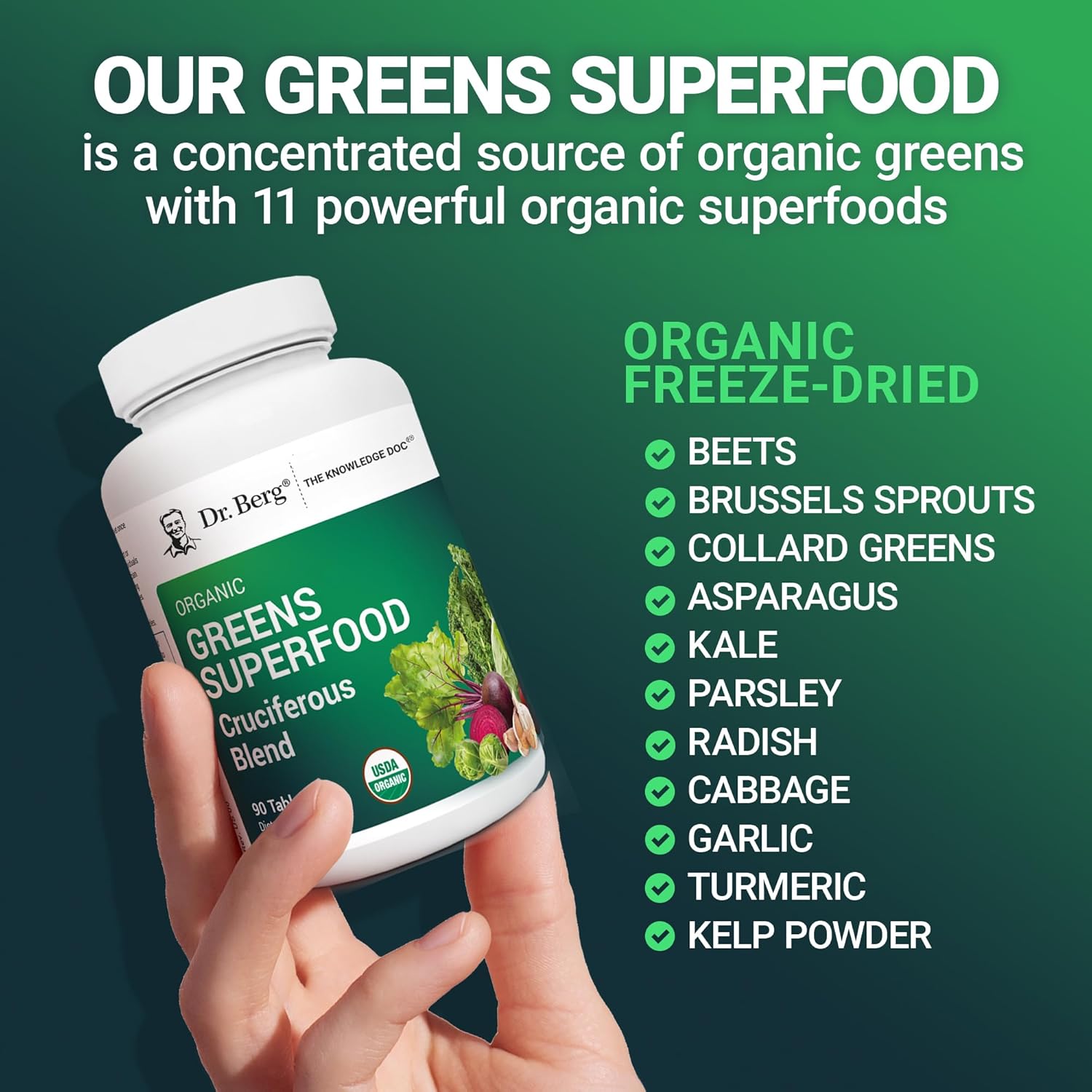 Dr. Berg's Greens Superfood - Comprimidos de Vegetales Crucíferos con 11 Fitonutrientes Orgánicos - 90 Comprimidos
