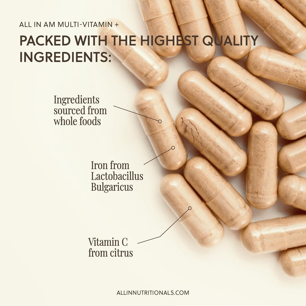 All In Nutritionals AM Multi-Vitamin +: Multivitamínico vegano a base de alimentos con vitamina D3, K2, B12, hierro y ácido fúlvico iónico