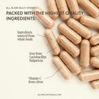 All In Nutritionals AM Multi-Vitamin +: Multivitamínico vegano a base de alimentos con vitamina D3, K2, B12, hierro y ácido fúlvico iónico