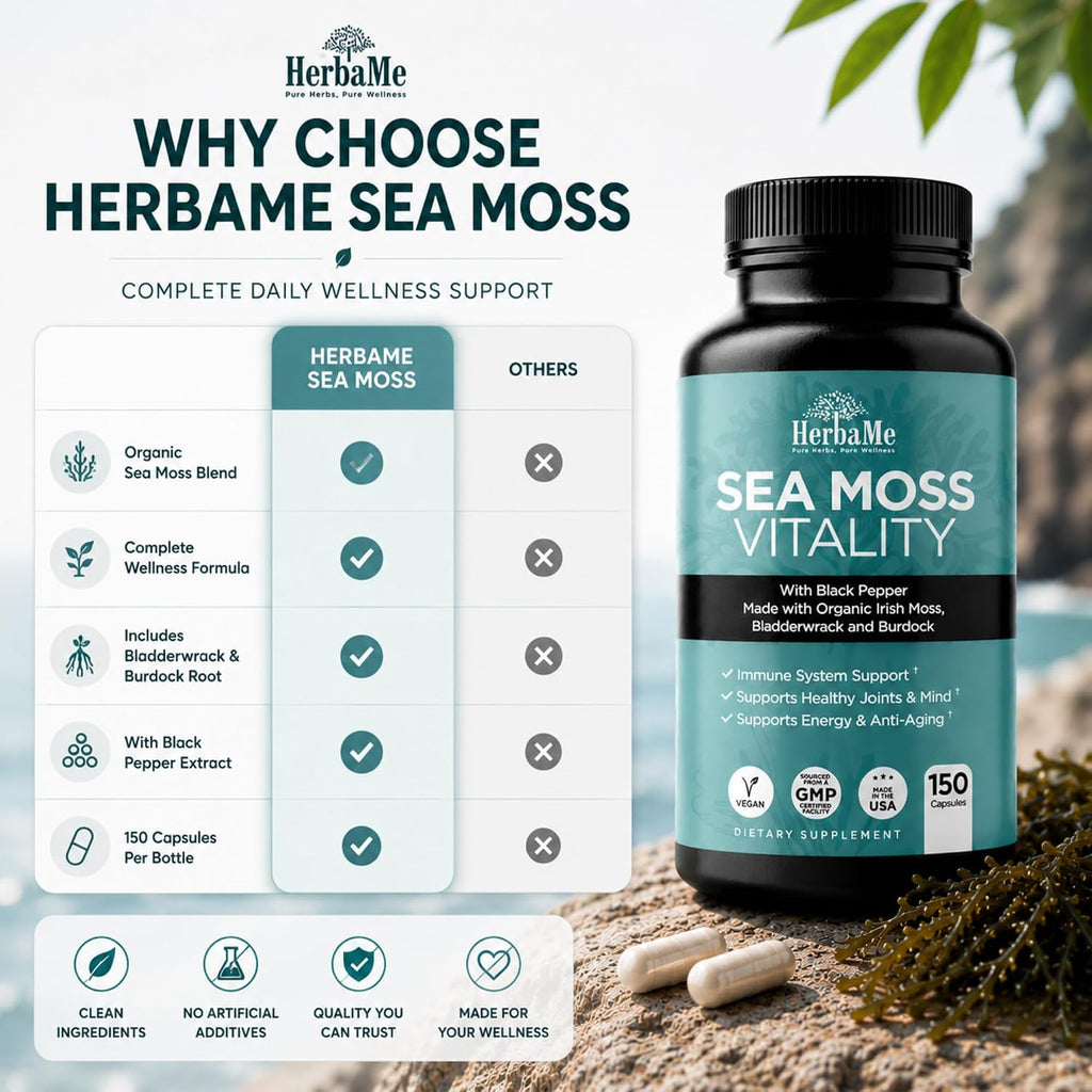 HerbaMe Musgo de Mar Orgánico con Bladderwrack, Bardana y Pimienta Negra - 150 Cápsulas Vegetales
