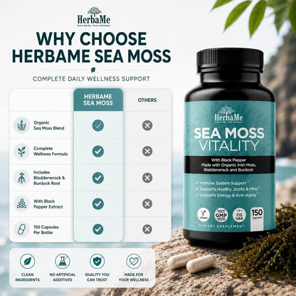 HerbaMe Musgo de Mar Orgánico con Bladderwrack, Bardana y Pimienta Negra - 150 Cápsulas Vegetales – Image 5