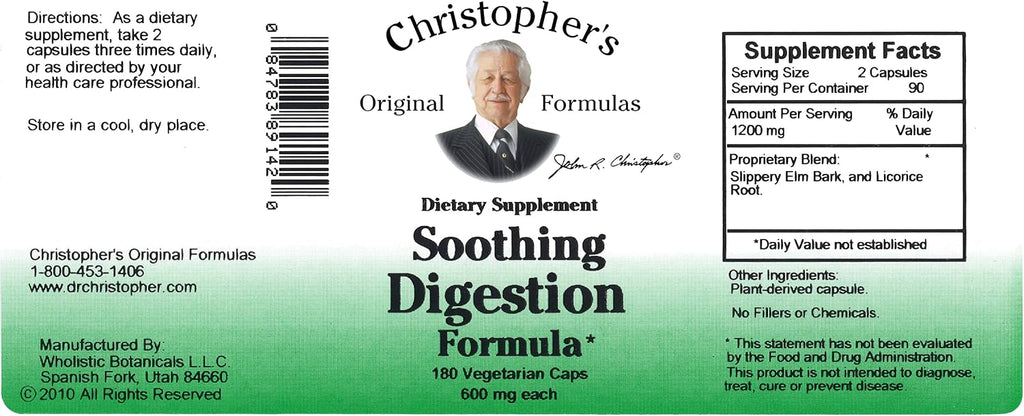 Fórmulas originales de Christopher para una digestión relajante - 180 cápsulas vegetales