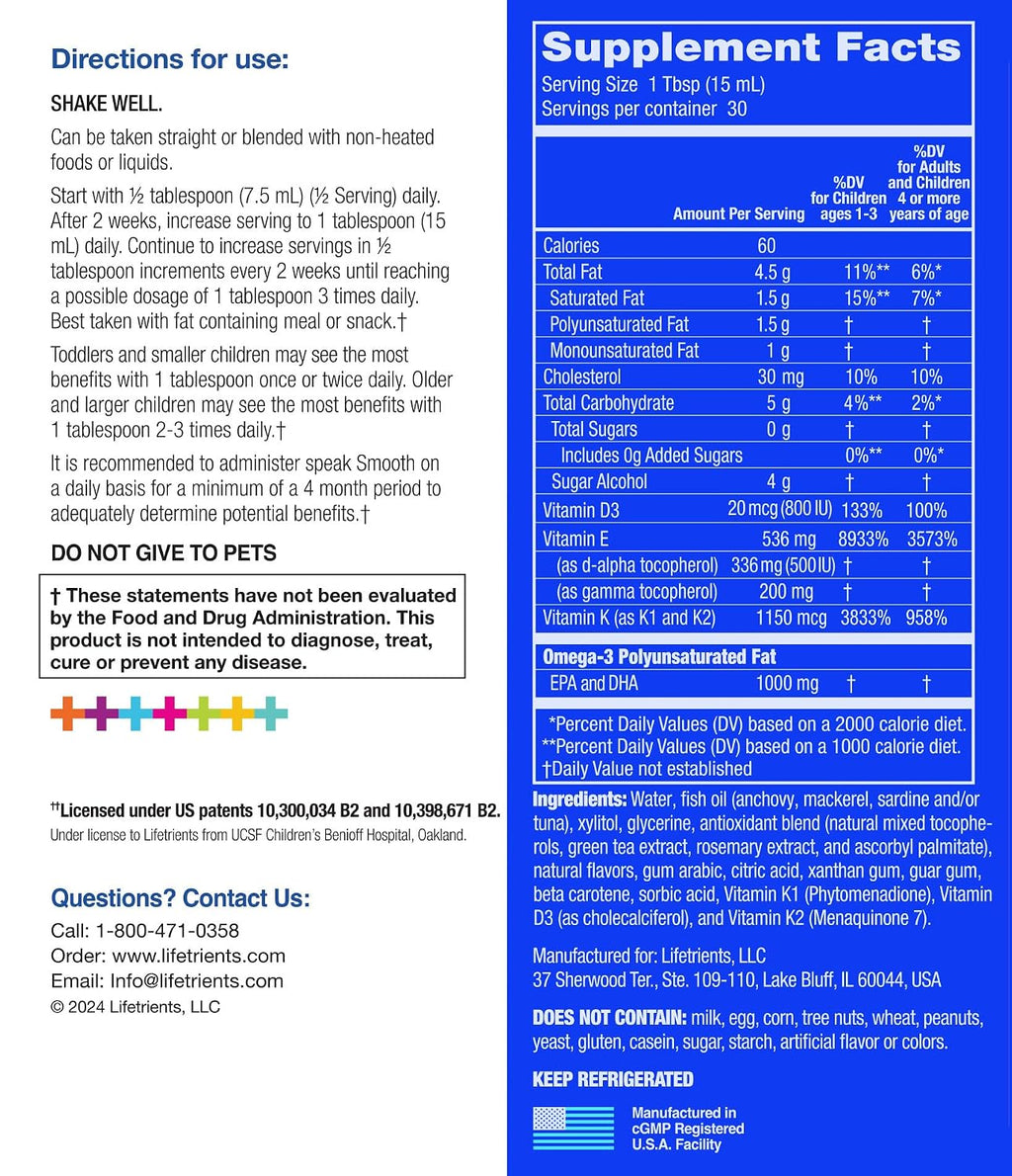 Lifetrients Speak+D Smooth – Batido de Omega-3 con Vitamina D3 para Niños – Sin Azúcar, Endulzado con Xilitol – Sabor Naranja Vainilla – 431 g