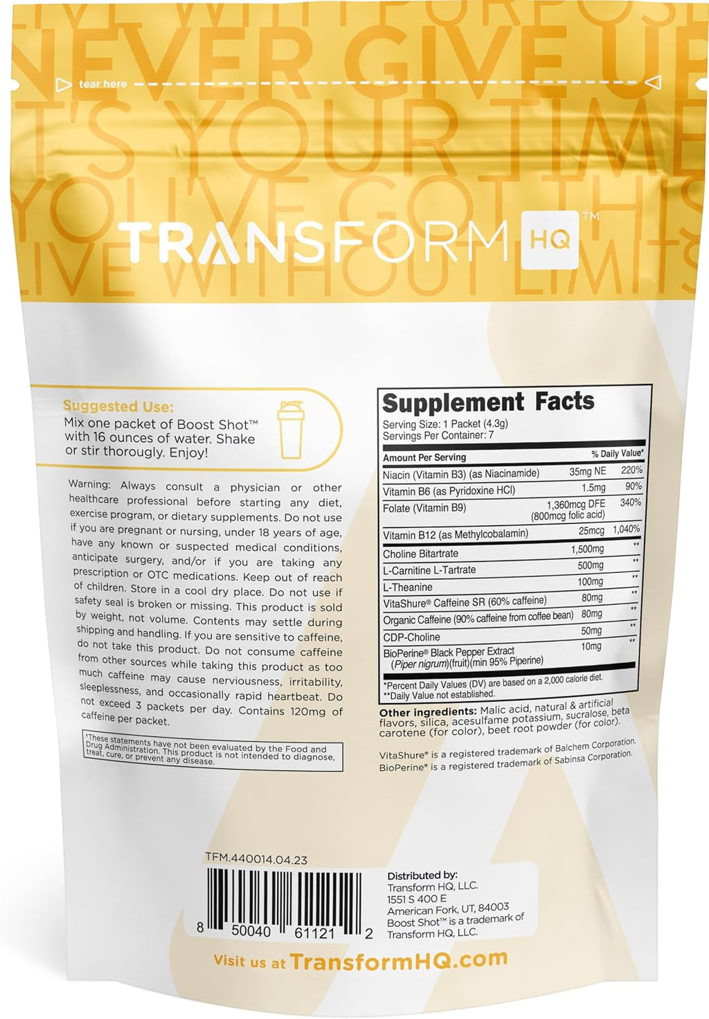 TransformHQ Boost Shot Powder Drink Stick Packets, Peach Mango, 7 Pack