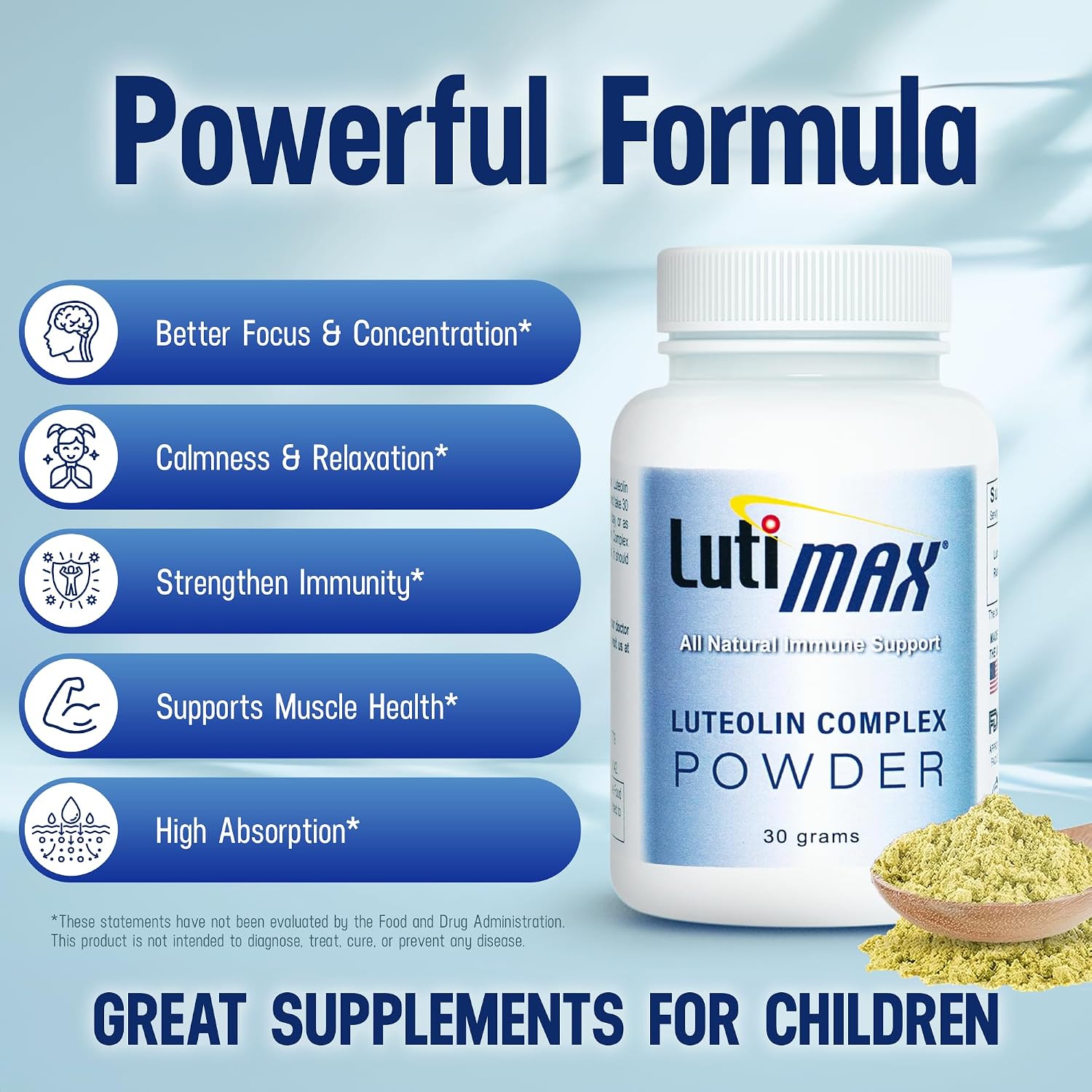 Lutimax Luteolin Complex en Polvo con Rutina - Suplemento Cerebral para Memoria y Enfoque - 100 porciones