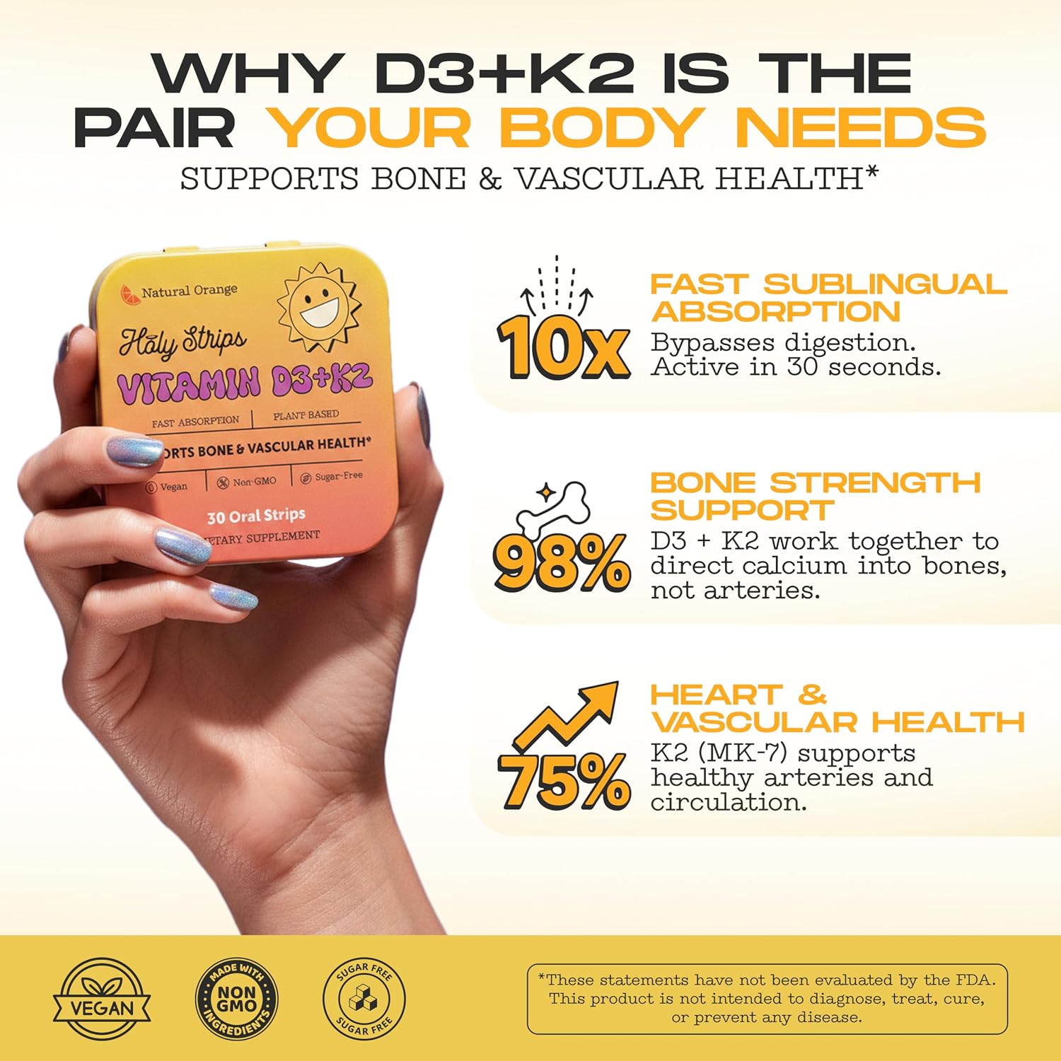 Vitamin D3 K2 Supplement 5000 IU - Tiras Orales de Rápida Absorción para Huesos y Corazón - Fórmula Vegana - No GMO - Sin Azúcar (30 Tiras)