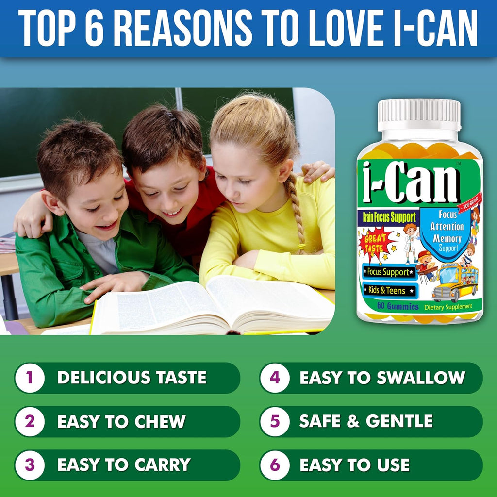I-Can Kids Focus Gummies con Omega 3 DHA - 60 Gominolas para Niños