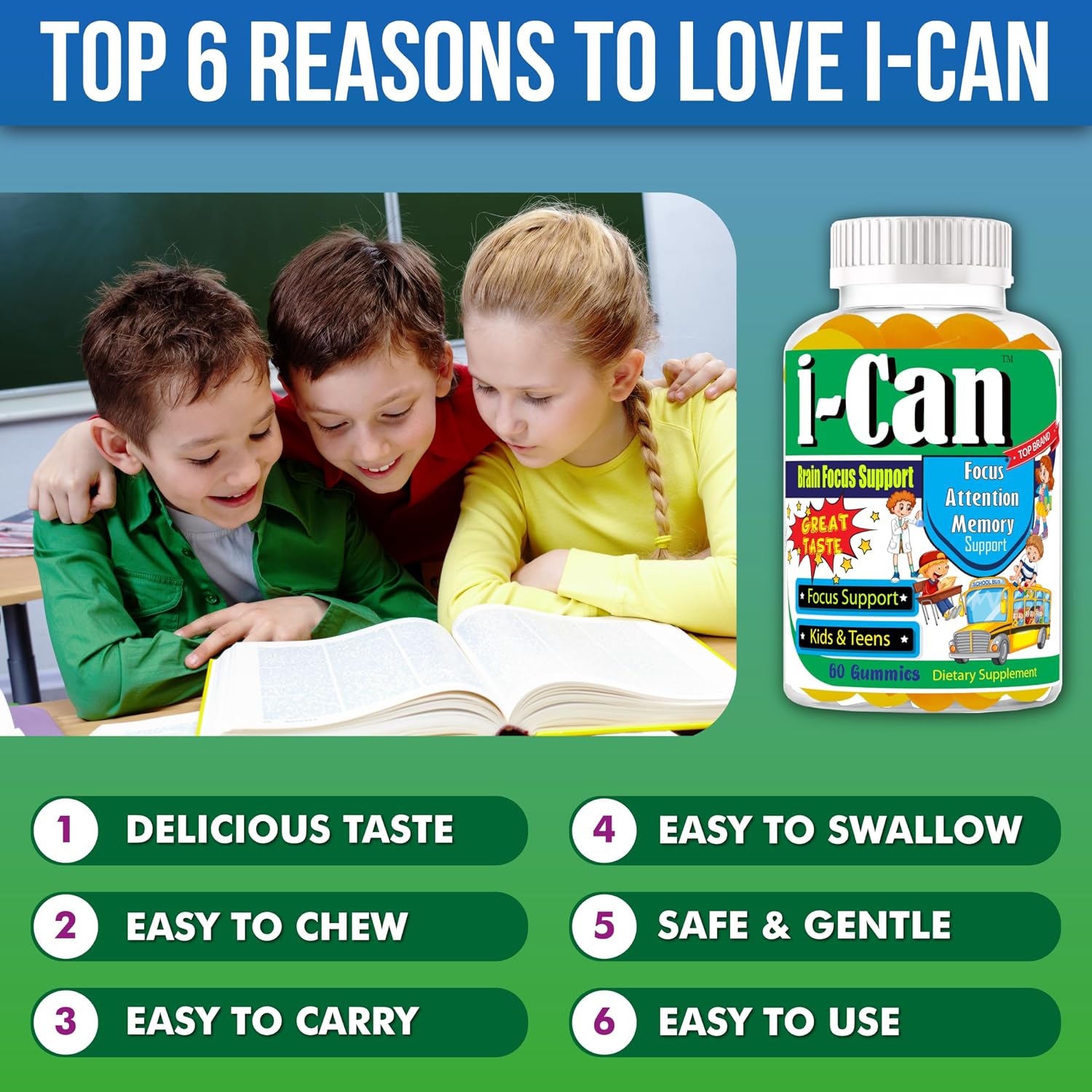 I-Can Kids Focus Gummies con Omega 3 DHA - 60 Gominolas para Niños