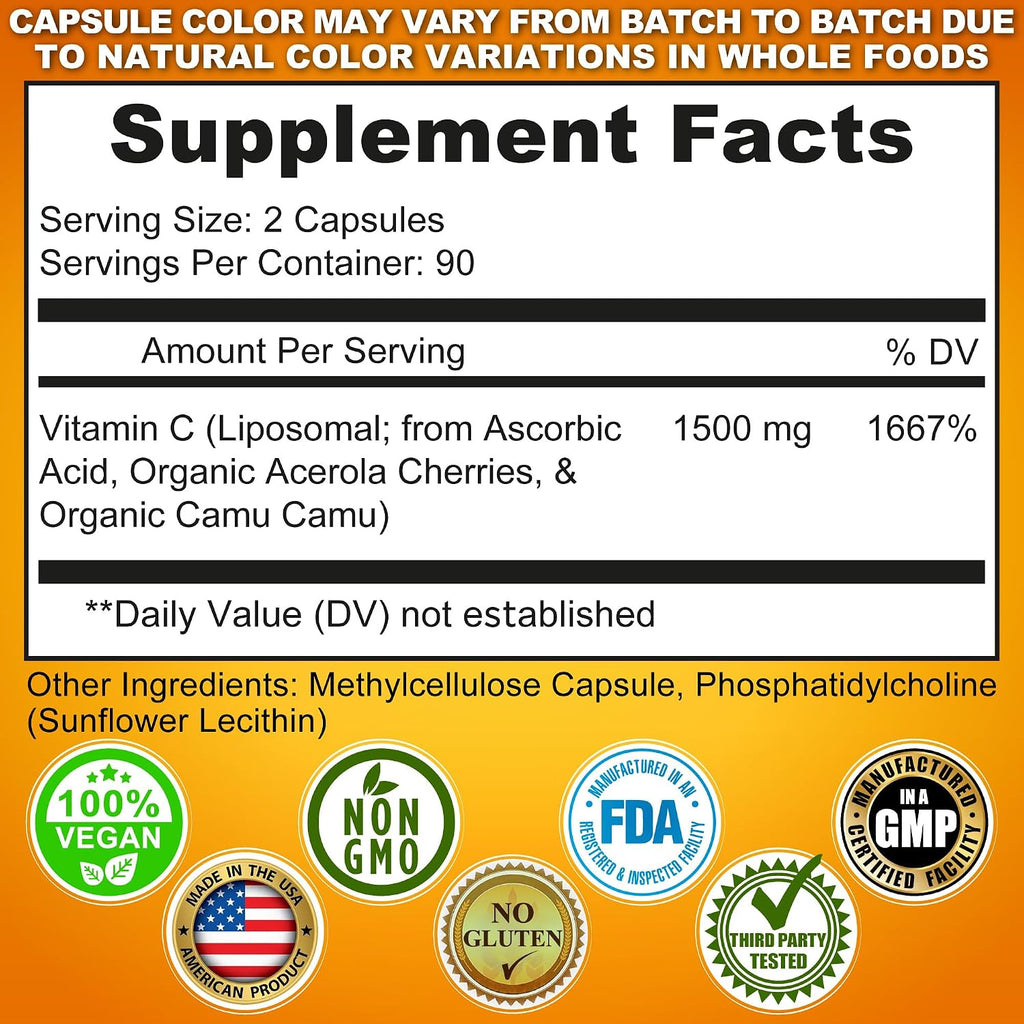 Vitamina C Liposomal 1500 mg con Acerola Orgánica y Camu Camu - 180 Cápsulas