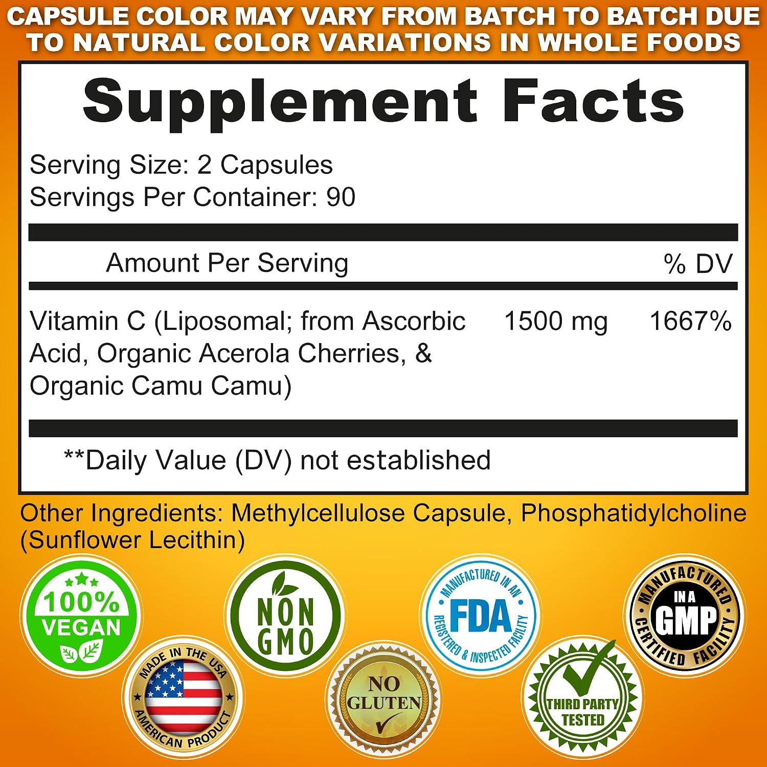 Vitamina C Liposomal 1500 mg con Acerola Orgánica y Camu Camu - 180 Cápsulas