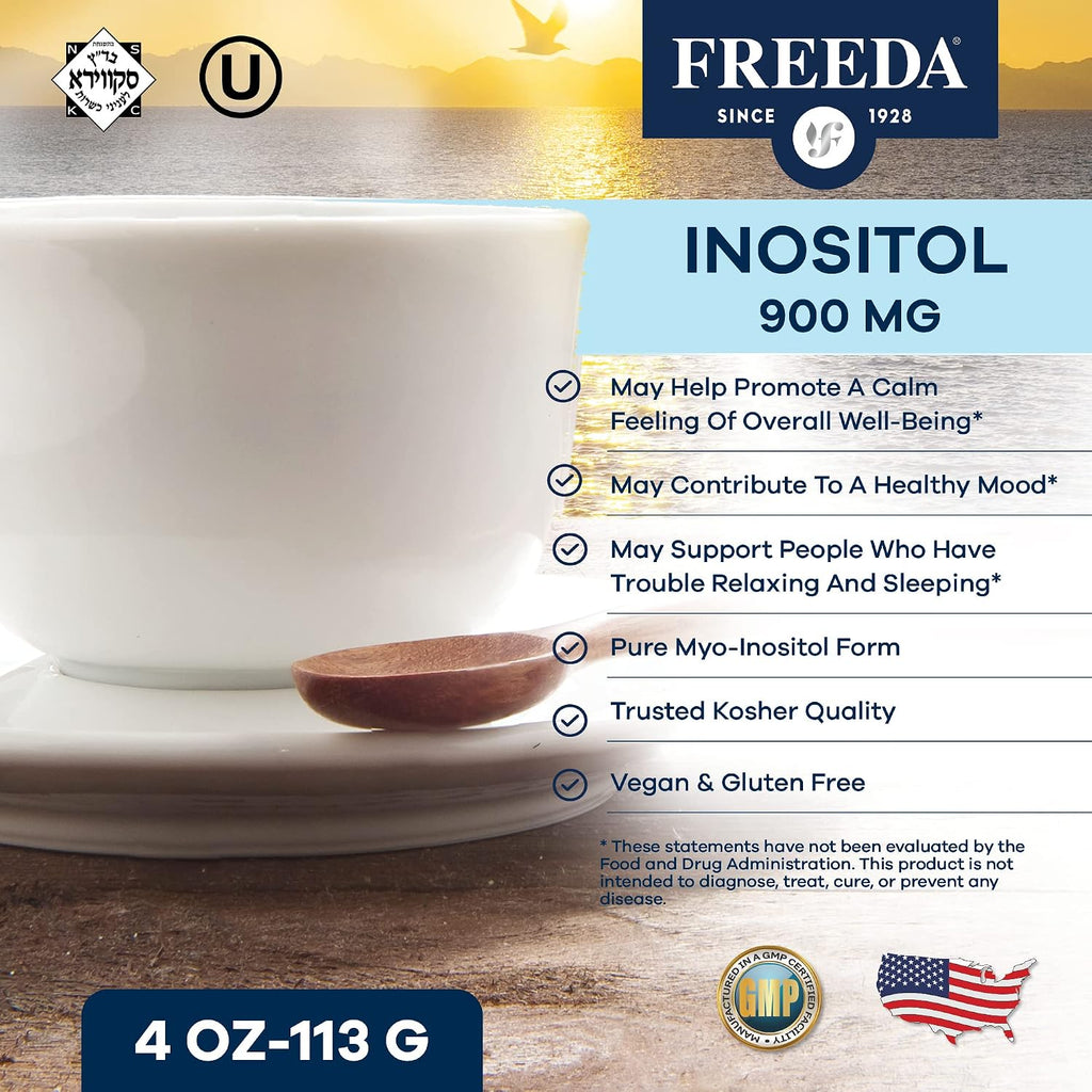 FREEDA Myo-Inositol Puro en Polvo – 900 mg por Ración, Sin Sabor, Vegano, Kosher (113 g)