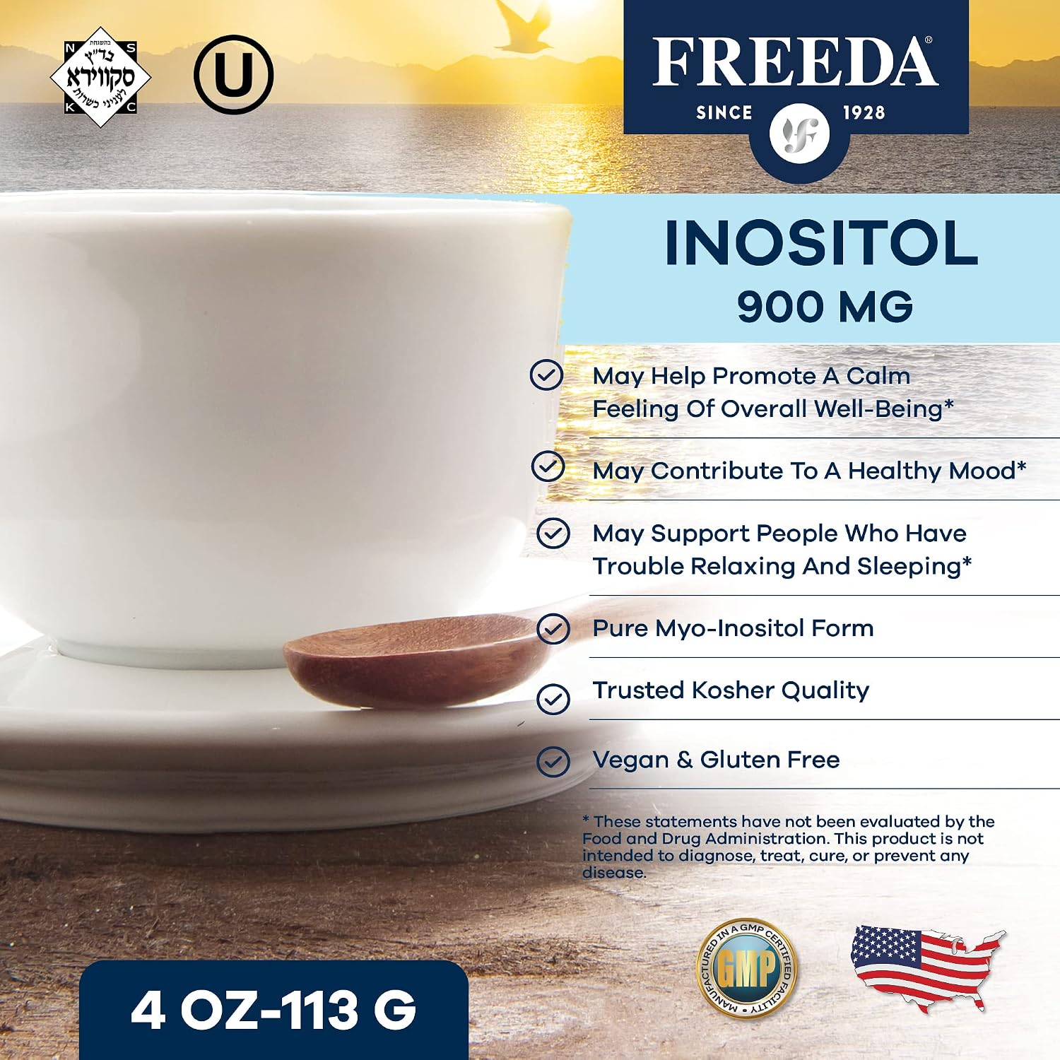 FREEDA Myo-Inositol Puro en Polvo – 900 mg por Ración, Sin Sabor, Vegano, Kosher (113 g)