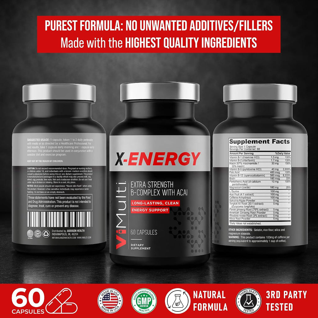 ViMulti X-Energy Complejo de Vitaminas B en Cápsulas con Cafeína, Taurina, Magnesio, Extracto de Acai, Ginseng, Rodiola, Maca, Espirulina, Tongkat Ali, B1, B6, B12, Suplemento Dietético de Folato - 60 Cápsulas