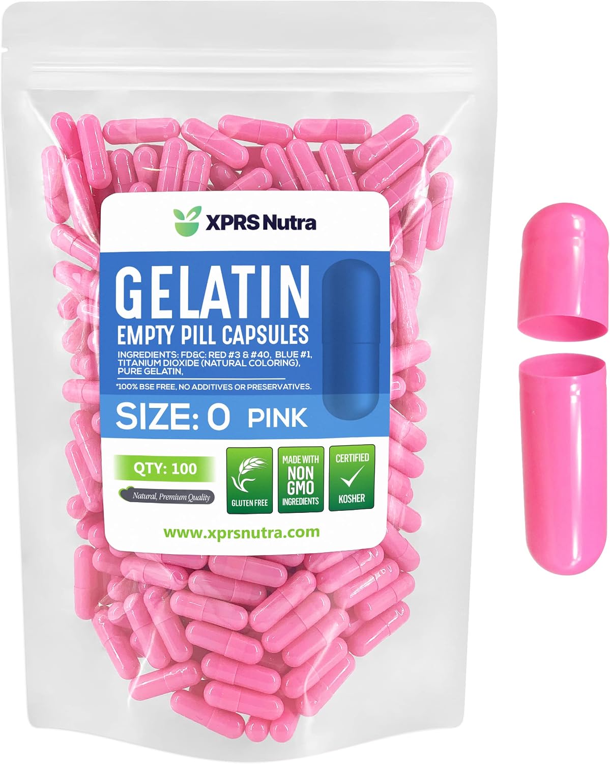 XPRS Nutra Cápsulas Vacías Tamaño 0 - 5000 Unidades Cápsulas de Gelatina Vacías para Rellenar - Gelatina Bovina Pura para Suplementos Caseros (Rosa)
