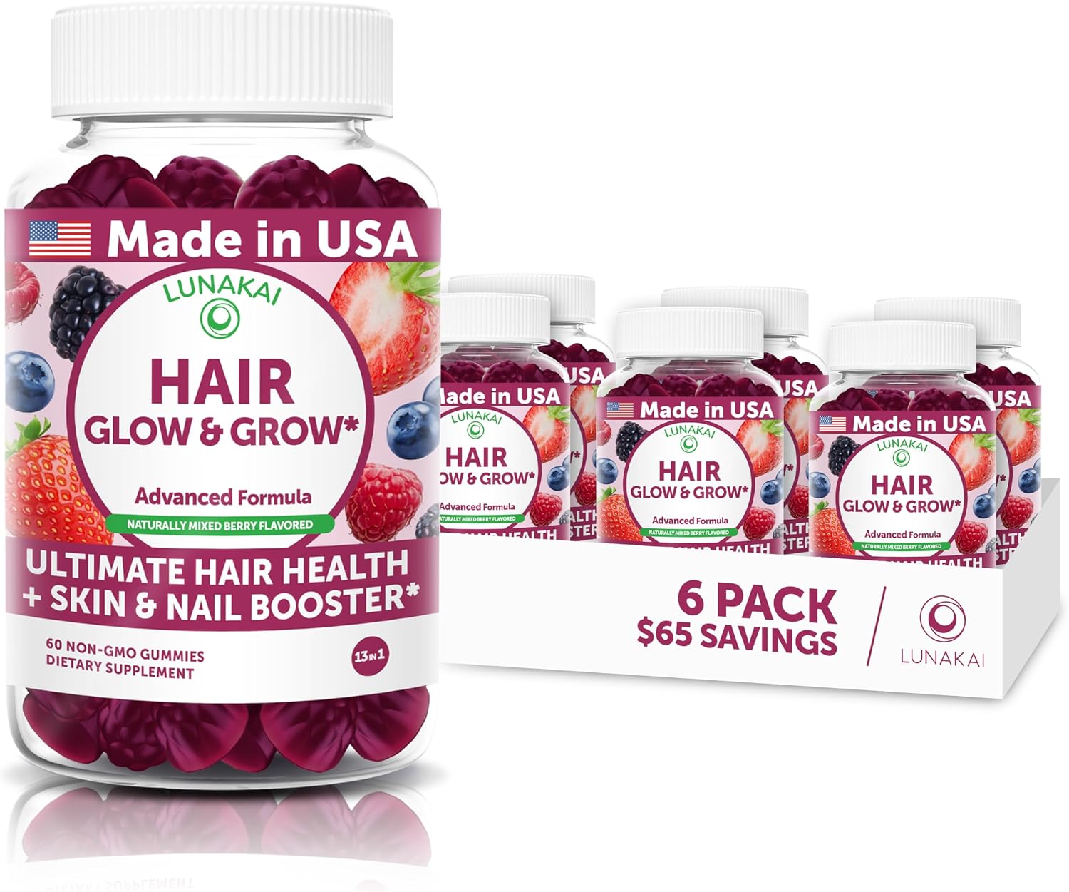 Lunakai Gominolas Super Cabello con Biotina, Zinc, Extracto de Cola de Caballo y Saw Palmetto - 60 unidades
