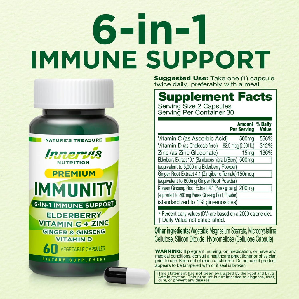 Immune Support 6-en-1 con Saúco, Jengibre, Ginseng Coreano, Vitamina C 500mg, D3 2500UI, Zinc | Cápsulas Veganas – 1 Mes de Suministro | Innervis Nutrition