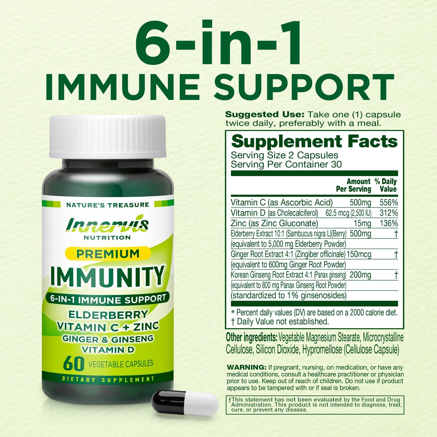 Immune Support 6-en-1 con Saúco, Jengibre, Ginseng Coreano, Vitamina C 500mg, D3 2500UI, Zinc | Cápsulas Veganas – 1 Mes de Suministro | Innervis Nutrition