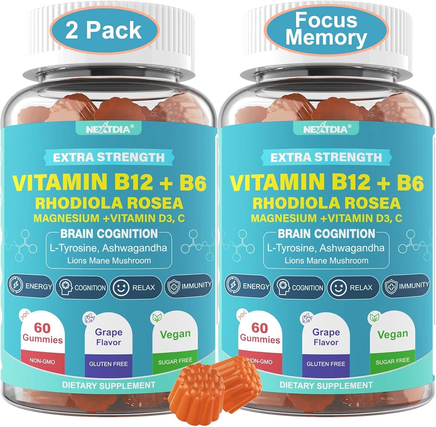 Gominolas Focus Memory & Energy - L-Tirosina + Metil B12 1000mcg, B6 50mg, D3, C, Melena de León, Ashwagandha - Complemento para la Memoria y Energía - 1 Pack