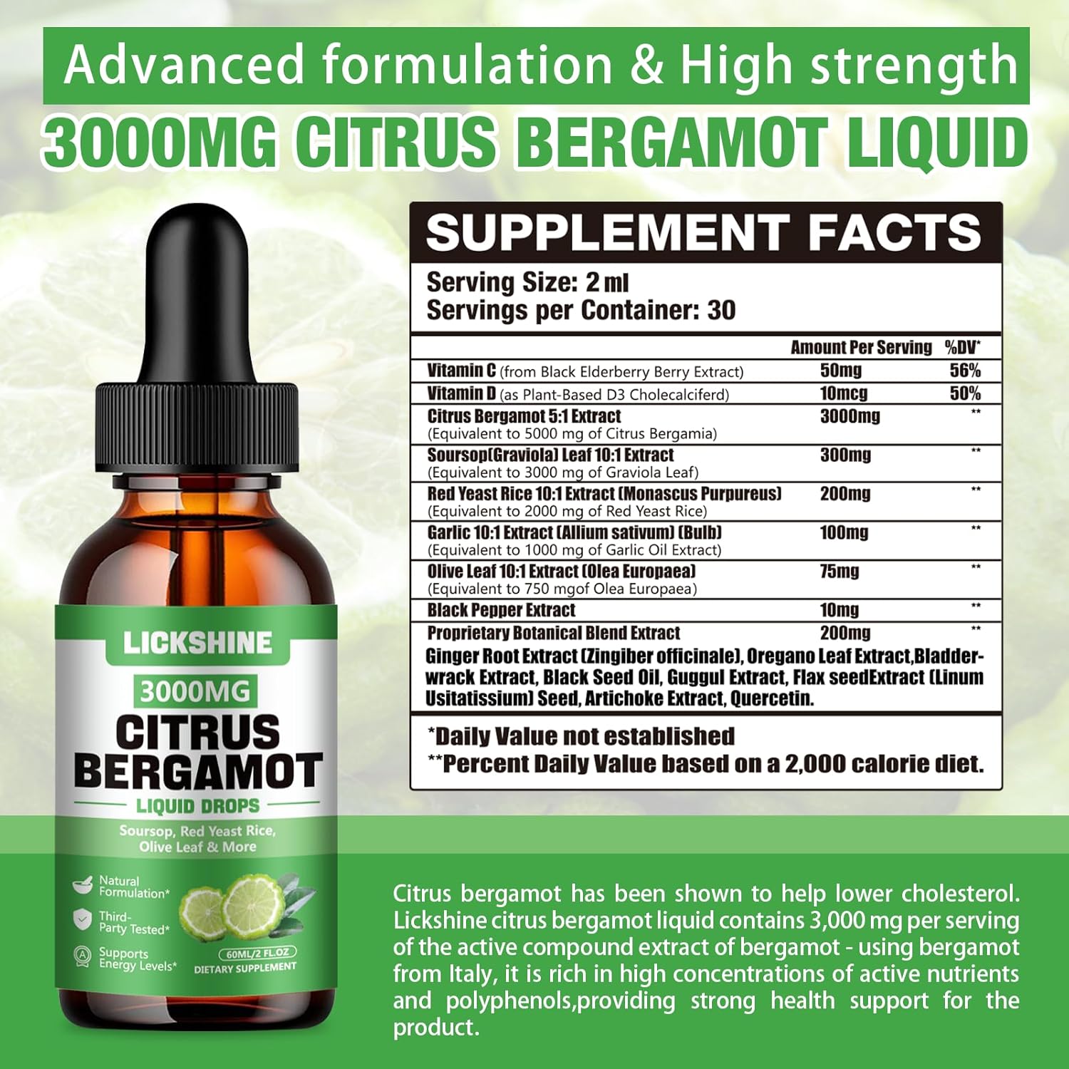 lickshine 2 Pack Gotas Líquidas de Bergamota Cítrica 3000 mg - Alta Absorción - Suplemento Antioxidante y para el Sistema Inmunitario, 2 x 118 ml