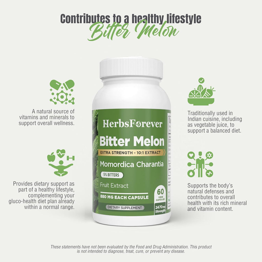 HerbsForever Melón Amargo Concentrado de Alta Potencia (10:1) - 60 Cápsulas Vegetales, 880mg