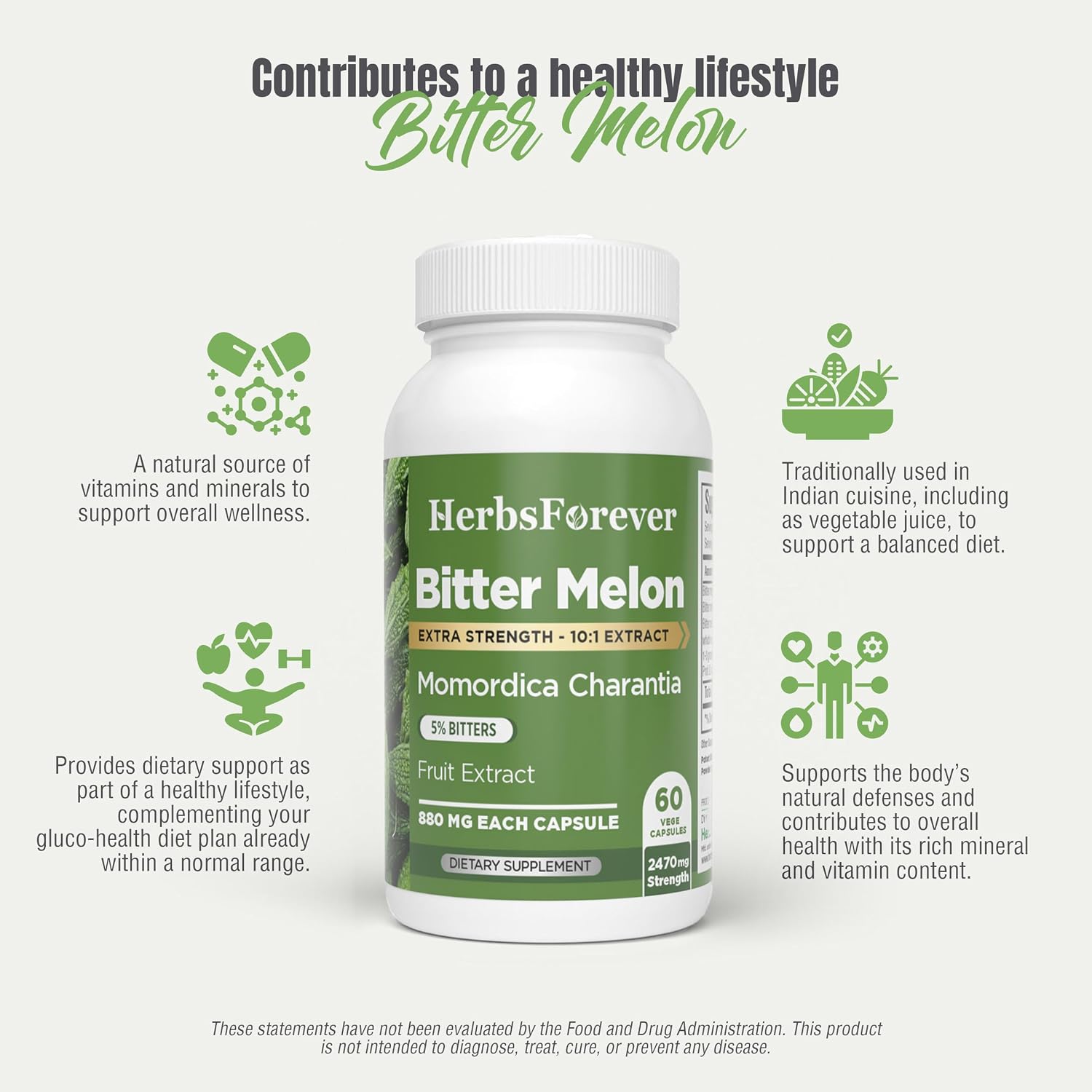 HerbsForever Melón Amargo Concentrado de Alta Potencia (10:1) - 60 Cápsulas Vegetales, 880mg