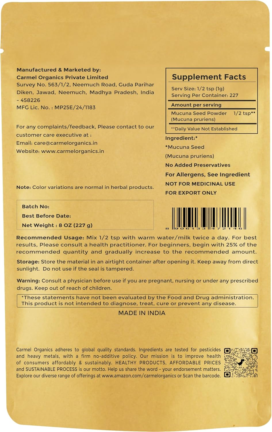 Polvo de Mucuna Pruriens (Kapikachhu) - 227 g - CARMEL ORGANICS
