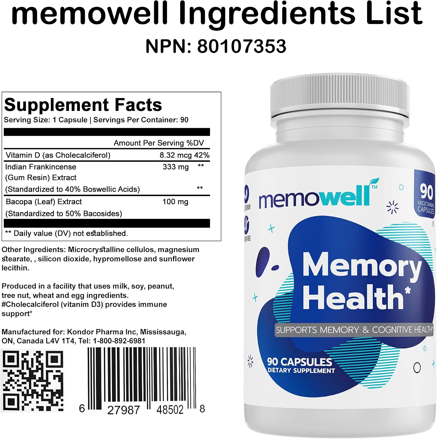Memowell Suplemento para la Memoria - Fórmula Avanzada para la Salud Cerebral - 90 Cápsulas (30 Días)