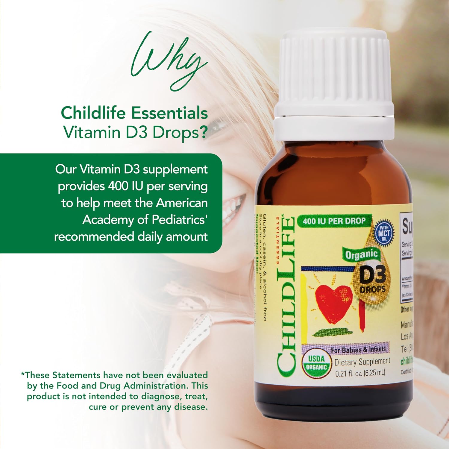 ChildLife Essentials Gotas Orgánicas de Vitamina D3 para Bebés y Niños, 400 IU, Sin Sabor