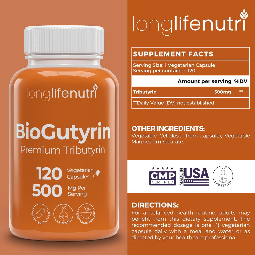 BioGutyrin – Tributyrina 500mg, Postbiótico para la Función Intestinal, 120 Cápsulas Vegetales