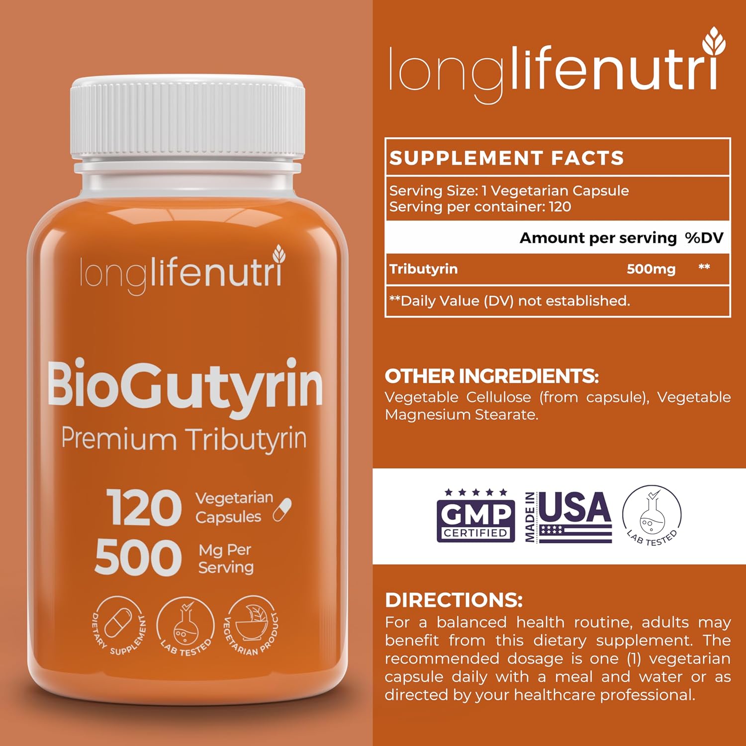 BioGutyrin – Tributyrina 500mg, Postbiótico para la Función Intestinal, 120 Cápsulas Vegetales