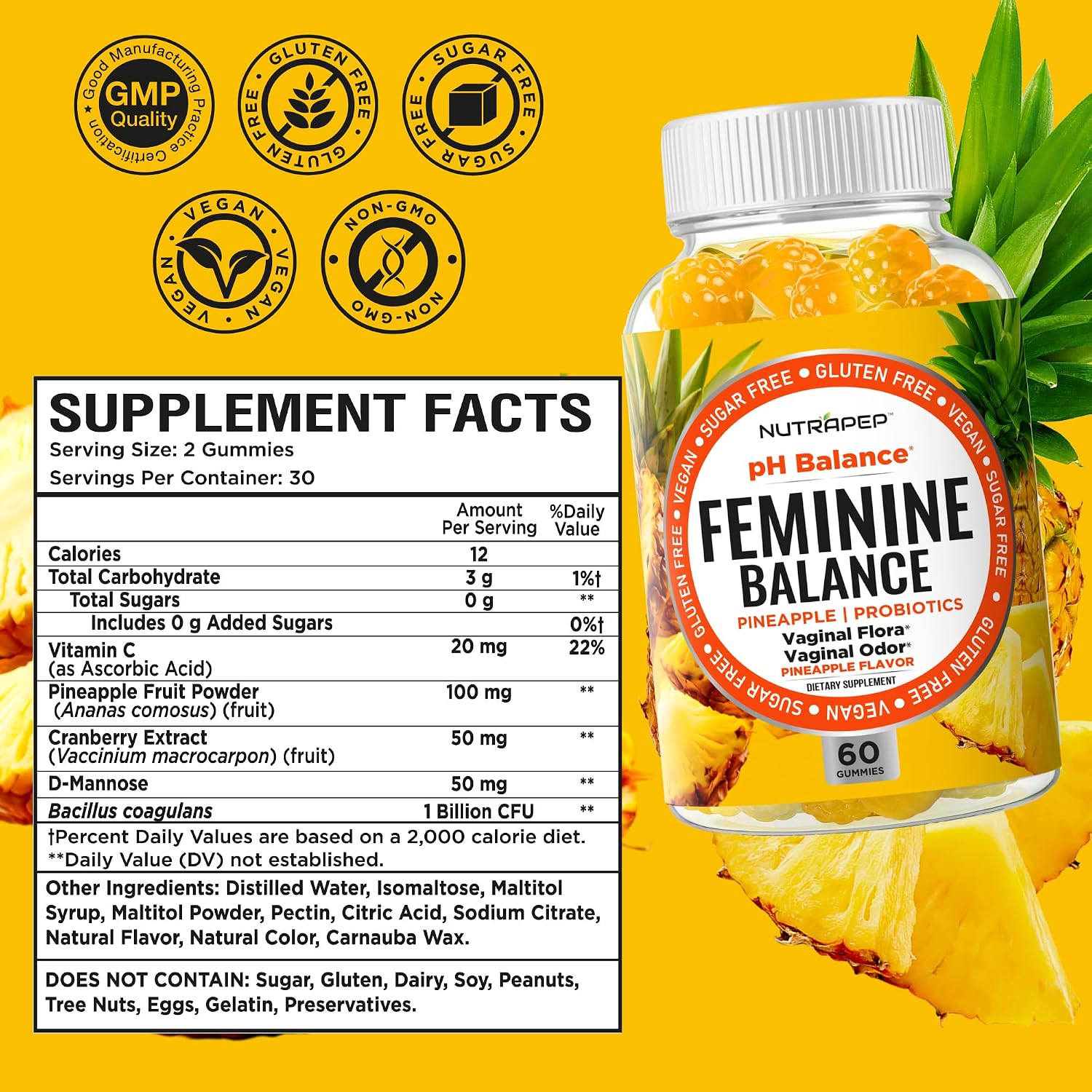NutraPep Feminine Balance Probiotics Gummies para Mujeres - Salud Vaginal y Equilibrio del pH - Suplemento Natural con Arándano y Piña - Sin Azúcar, Sin Gluten, Vegano