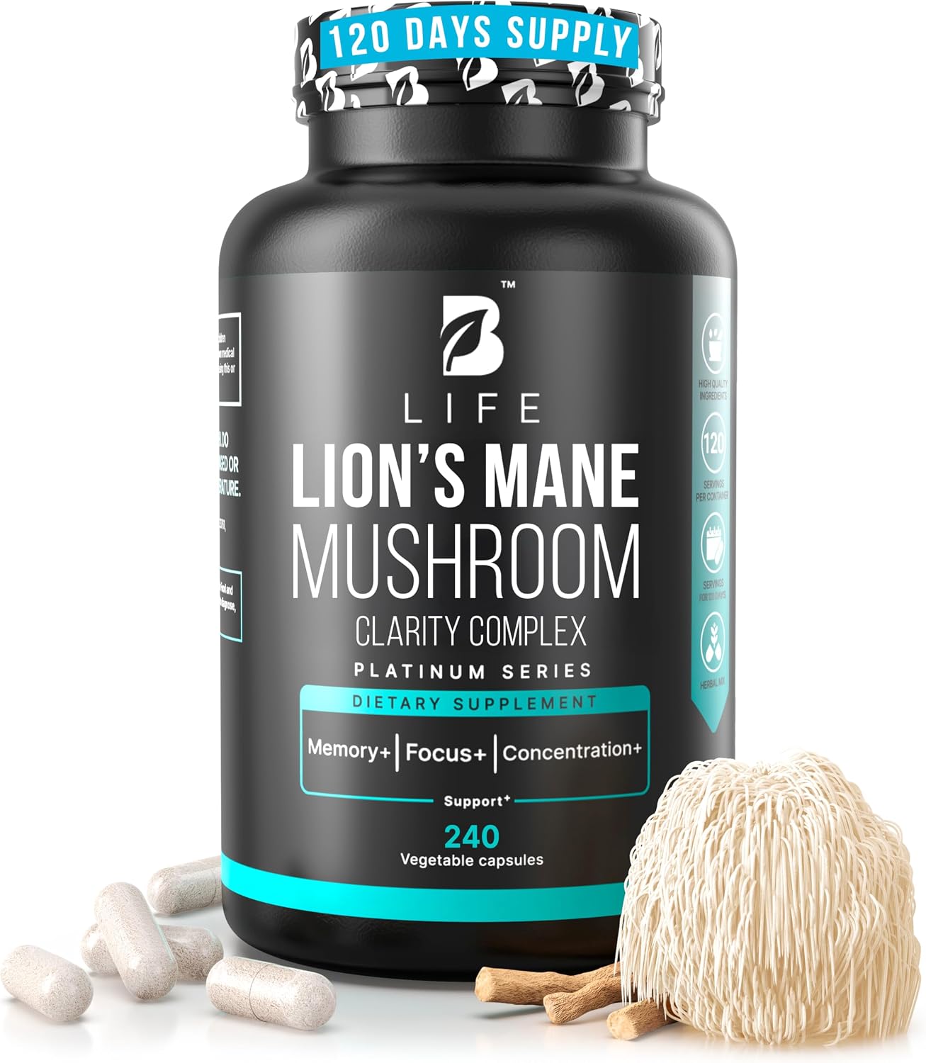 Cápsulas de Lion's Mane – Memoria, Enfoque y Claridad – Suplemento Nootrópico con Ashwagandha, Tiamina (B1), Magnesio L-Treonato – 240 Cápsulas