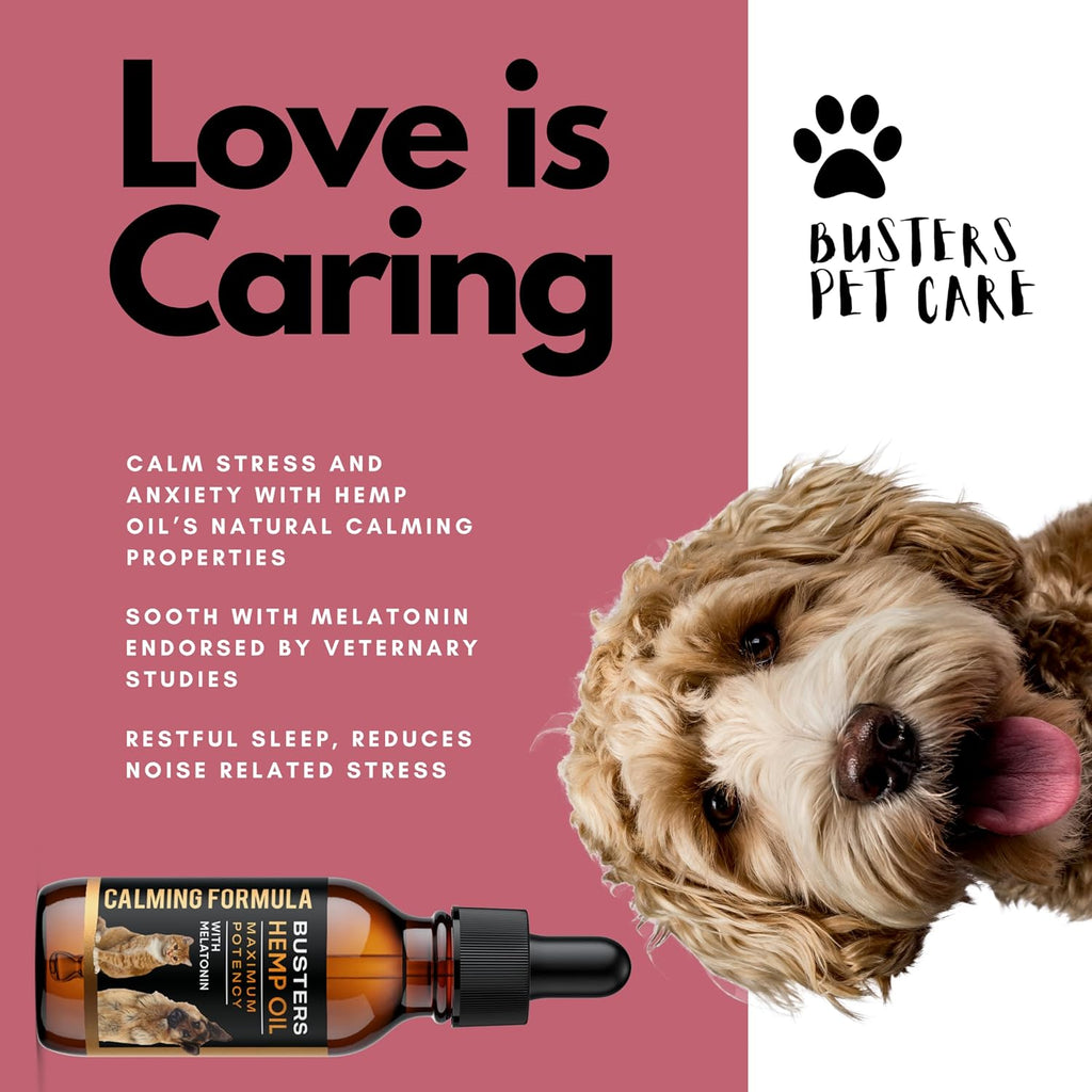 Buster's Aceite de Semilla de Cáñamo Prensado en Frío para Perros y Gatos con Melatonina - Gotas Calmantes - Pack de 2