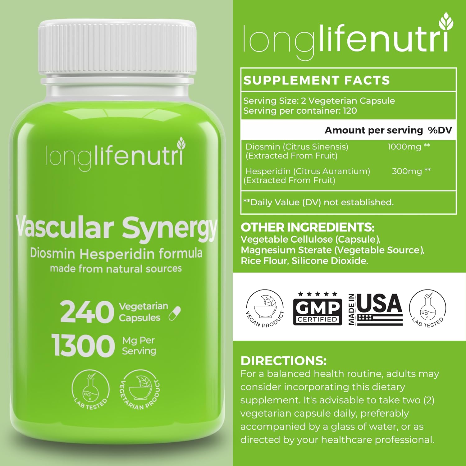 LongLifeNutri Complejo Diosmina Hesperidina 1000mg/300mg, 240 Cápsulas