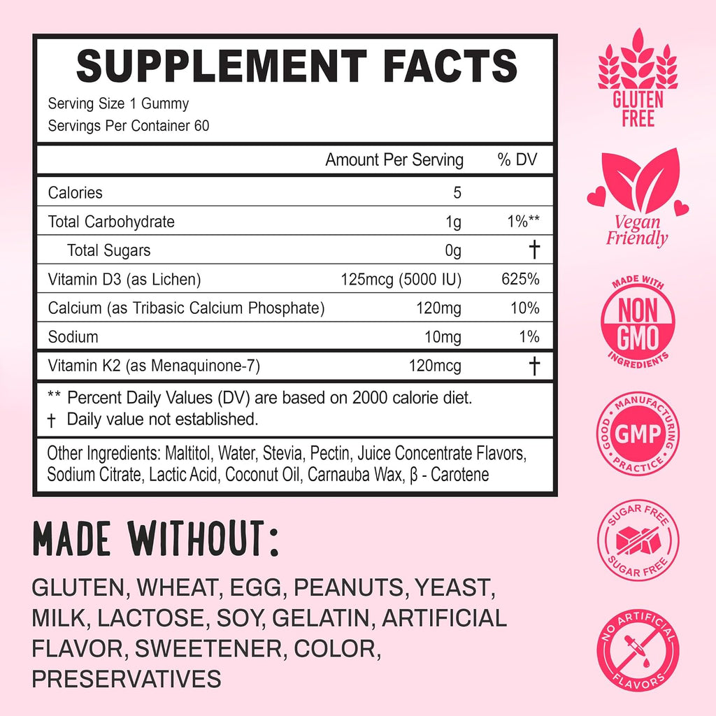 OH MY CHEWY Gominolas con Vitamina D3, K2 y Calcio - 5000 UI D3, 120 mcg K2 (MK-7), 120 mg Ca - Vegano y No-GMO - 60 unidades