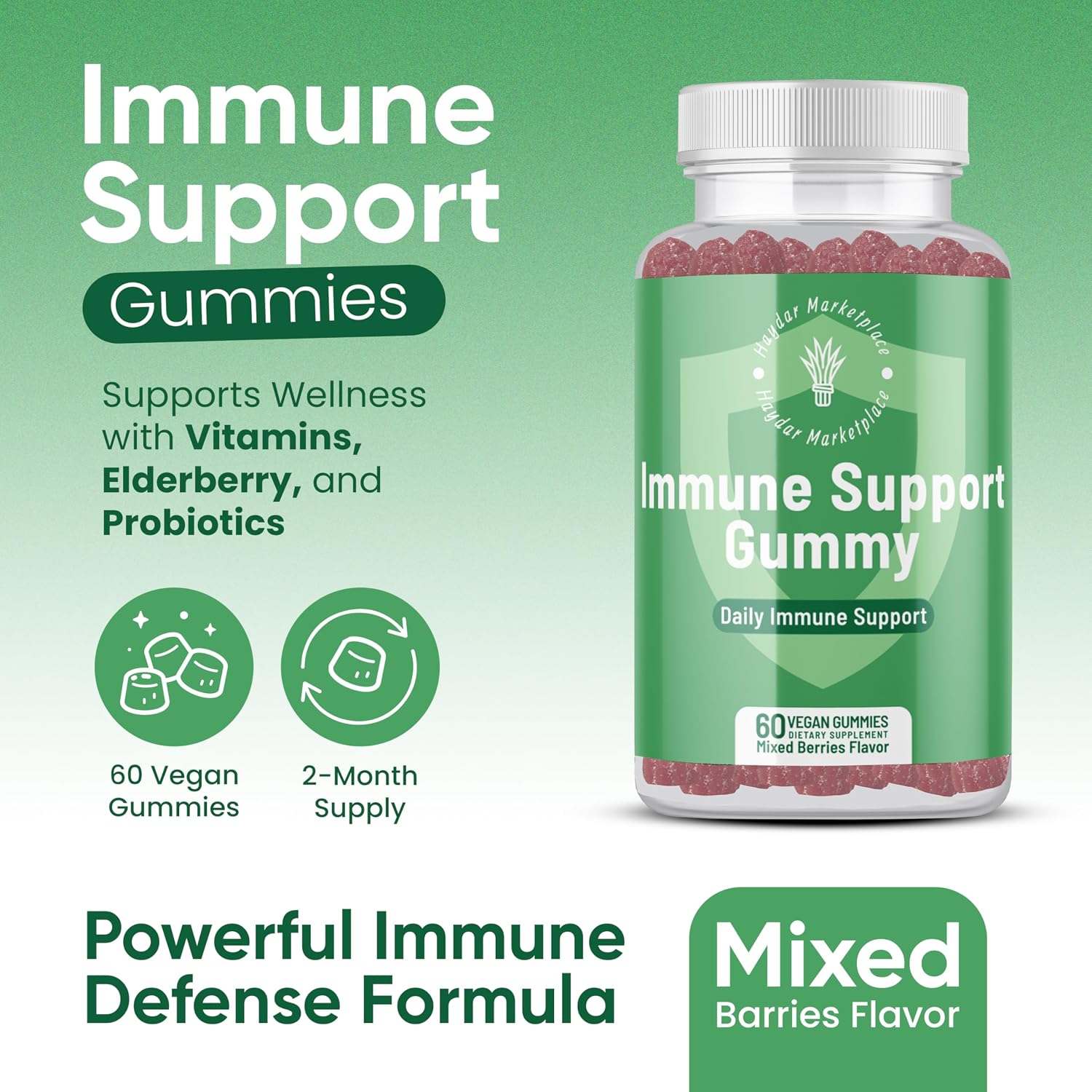 Immune Boosters for Adults - Gominolas Veganas de Defensas con Vitaminas C y D, Zinc, Magnesio, Probióticos - Suplemento Inmunológico con Saúco, Cúrcuma, Equinácea, 60 Unidades