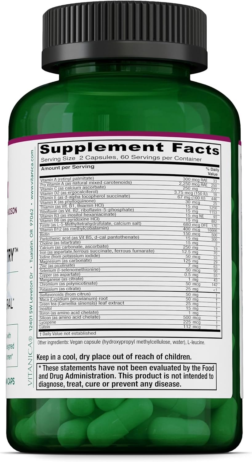 Vitanica FemTeen Symmetry - Multivitamínico Mineral con Té Verde para Adolescentes - Apoyo Antioxidante, Inmune y Reproductivo con Luteína y Licopeno - Vegano - 120 Cápsulas