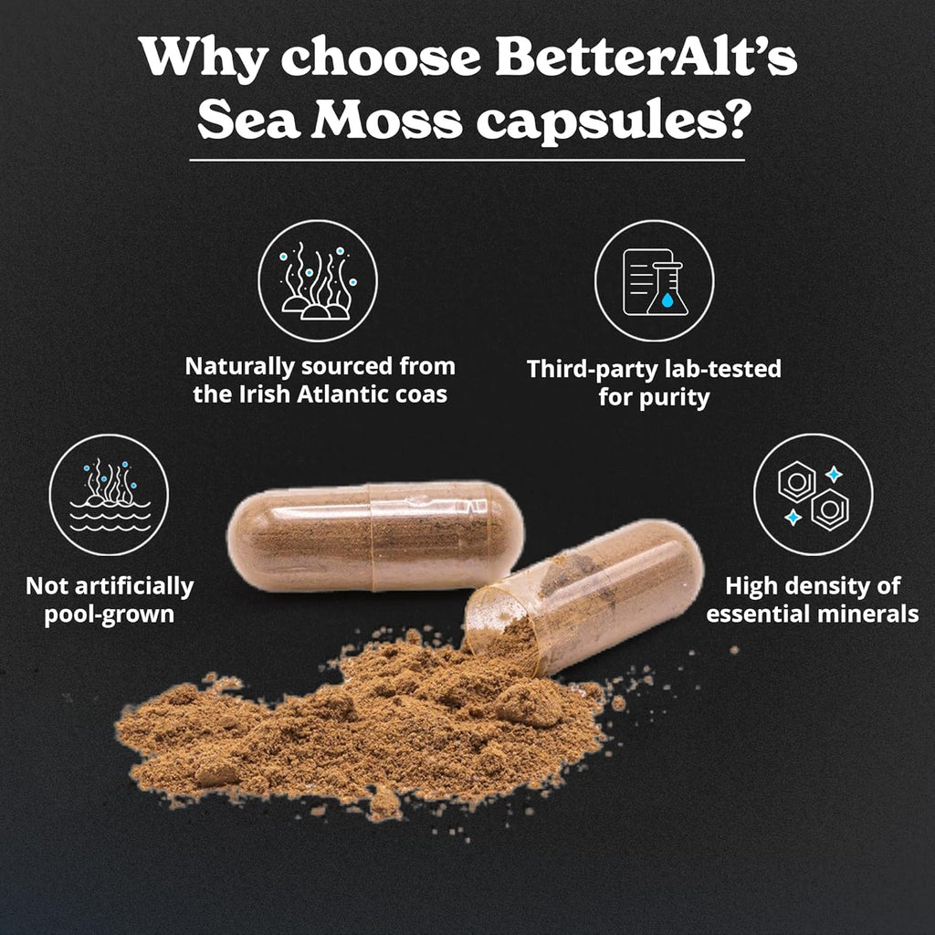 Better Alt Complejo de Sea Moss, Aceite de Semilla Negra, Ashwagandha, Bardana y Bladderwrack con Vitamina C y Pimienta Negra | 120 Cápsulas