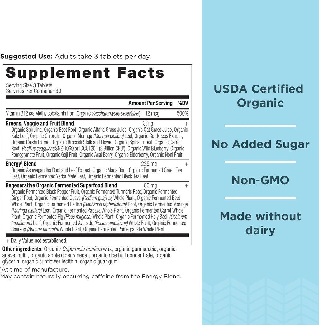 Ancient Nutrition Supergreens Energizer, Comprimidos Orgánicos con Cafeína, 90 uds