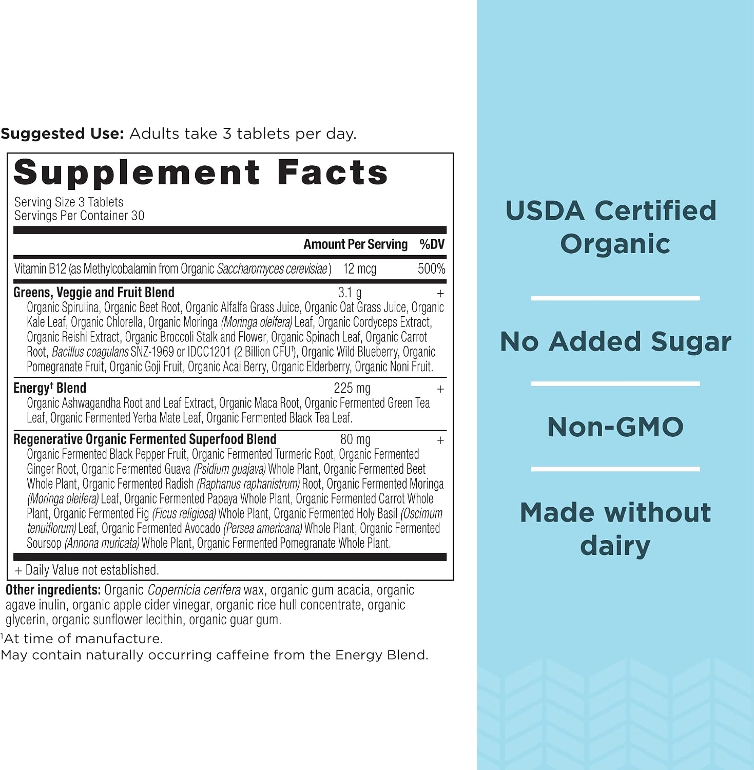 Ancient Nutrition Supergreens Energizer, Comprimidos Orgánicos con Cafeína, 90 uds