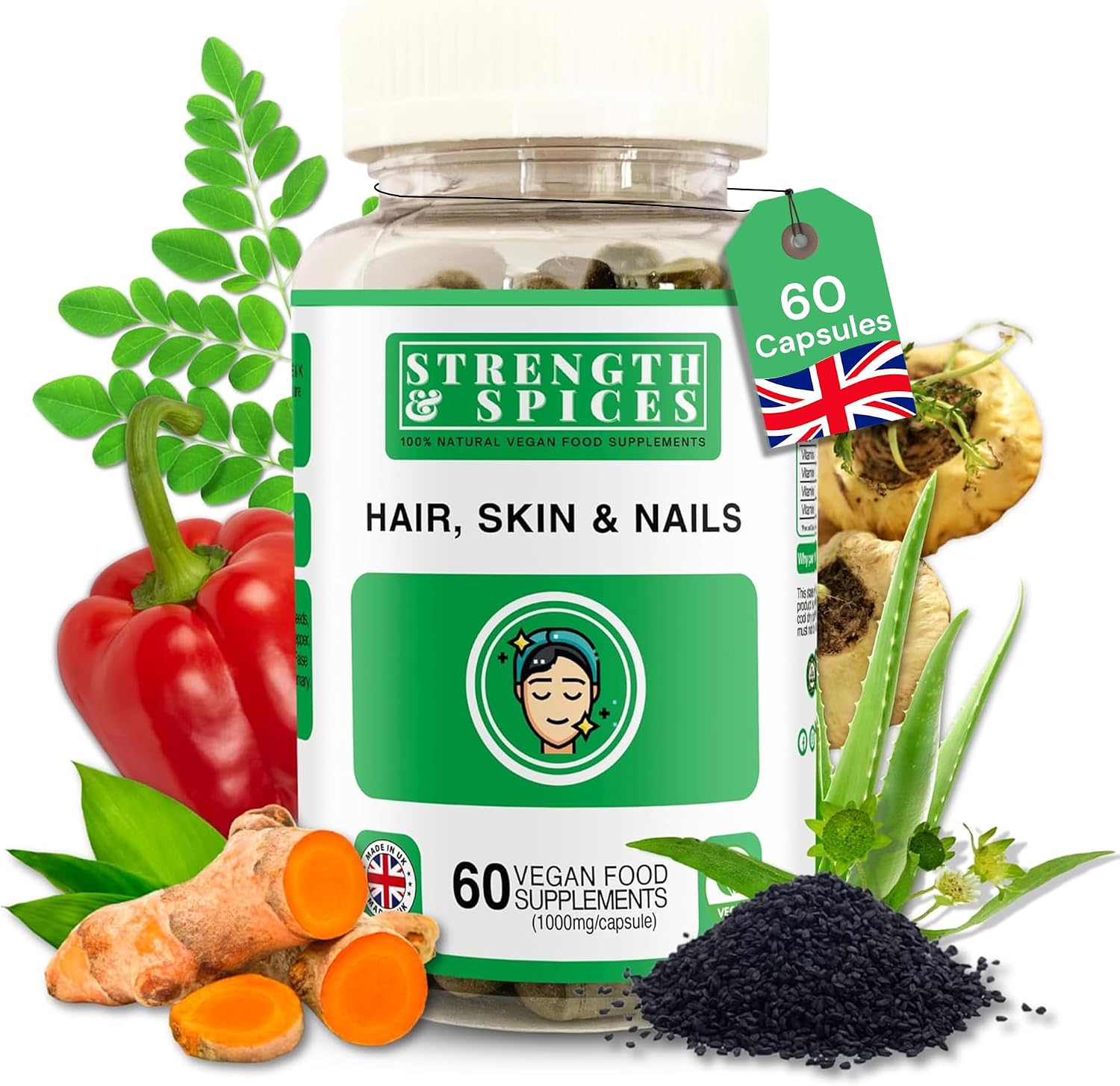 Strength & Spices Hair, Skin & Nails – 60 Cápsulas Veganas de 1000 mg