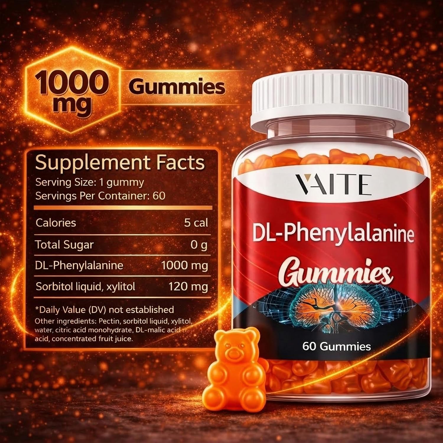 DLPA: DL-Phenylalanine 1000 mg – 60 Gominolas – Fórmula Avanzada de Fenilalanina – No GMO, Sin Gluten