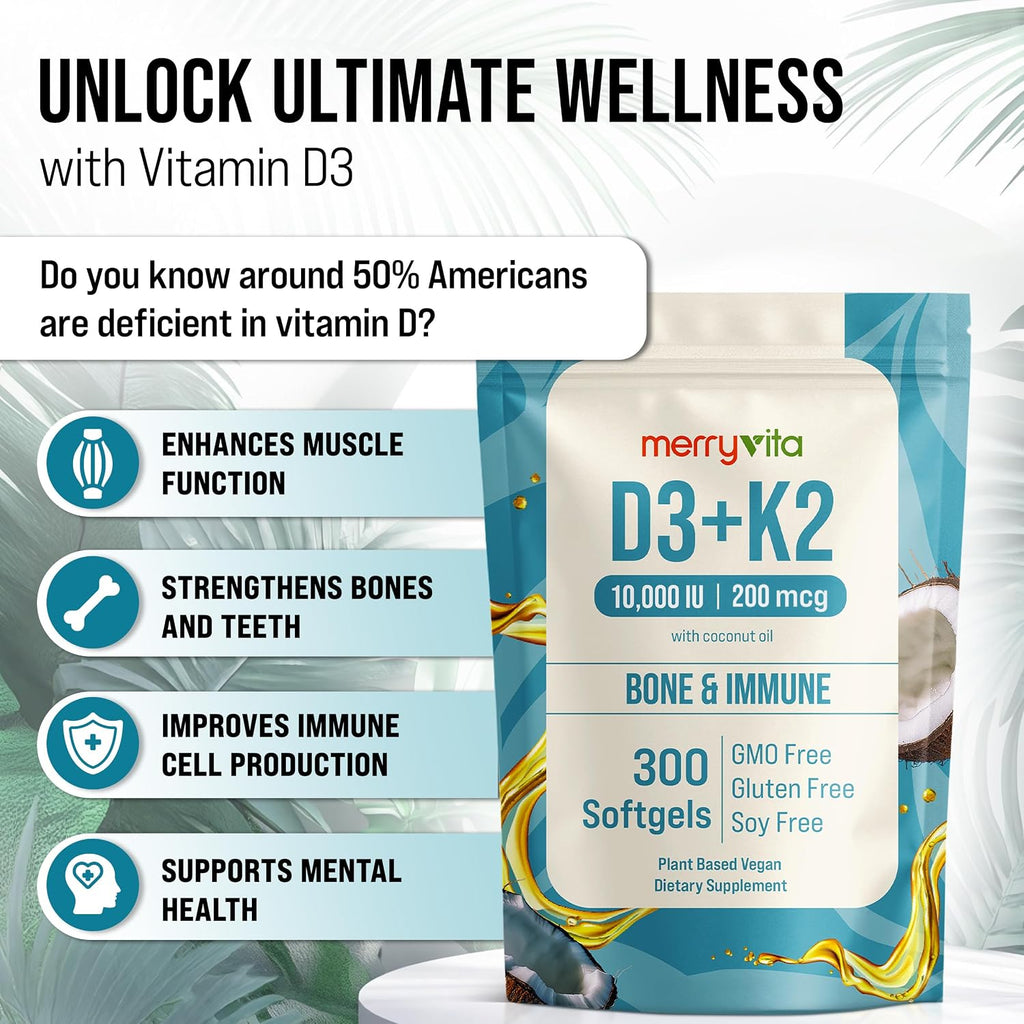 MERRY VITA Vitamina D3 K2 10000 UI + 200 mcg MK7 - 300 Cápsulas Blandas Veganas