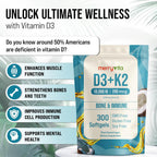 MERRY VITA Vitamina D3 K2 10000 UI + 200 mcg MK7 - 300 Cápsulas Blandas Veganas