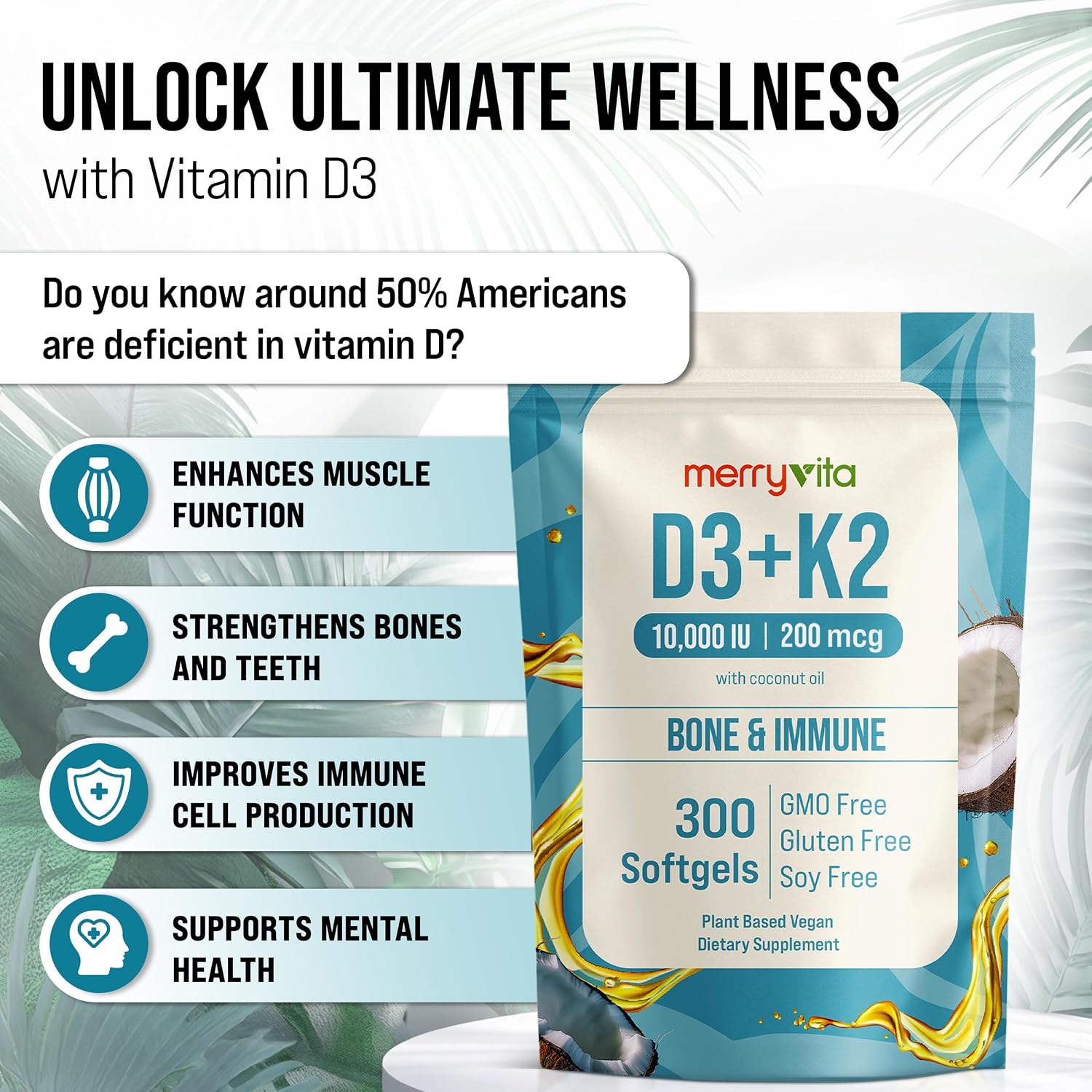 MERRY VITA Vitamina D3 K2 10000 UI + 200 mcg MK7 - 300 Cápsulas Blandas Veganas