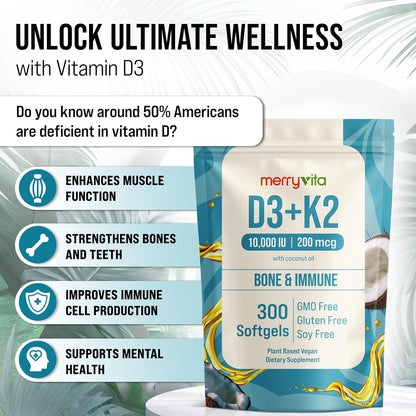 MERRY VITA Vitamina D3 K2 10000 UI + 200 mcg MK7 - 300 Cápsulas Blandas Veganas
