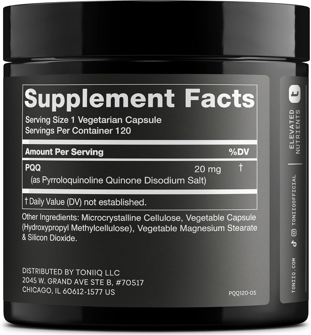 Toniiq PQQ 20mg - 120 Cápsulas - Suplemento de Pirroloquinolina Quinona de Alta Pureza (99%+)