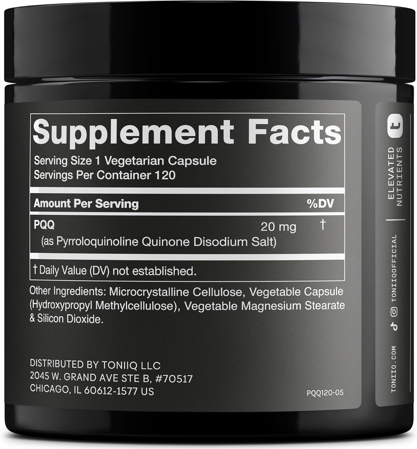 Toniiq PQQ 20mg - 120 Cápsulas - Suplemento de Pirroloquinolina Quinona de Alta Pureza (99%+)
