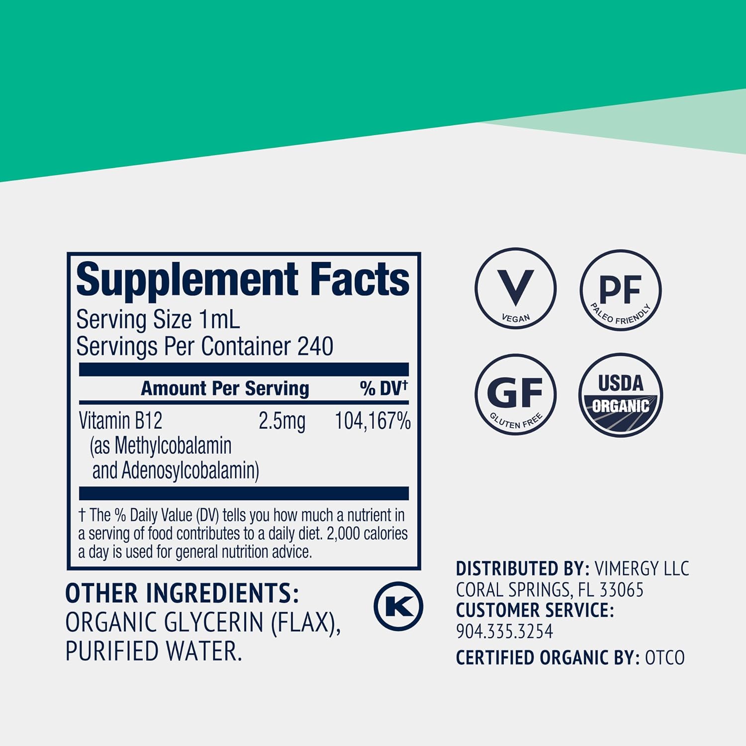 Vimergy Liquid B12 Refill – Suplemento de Vitamina B12 Líquida – Metilcobalamina y Adenosilcobalamina – Absorción Rápida – Energía y Cerebro – Orgánico y Vegano – 240 ml (240 Servicios)
